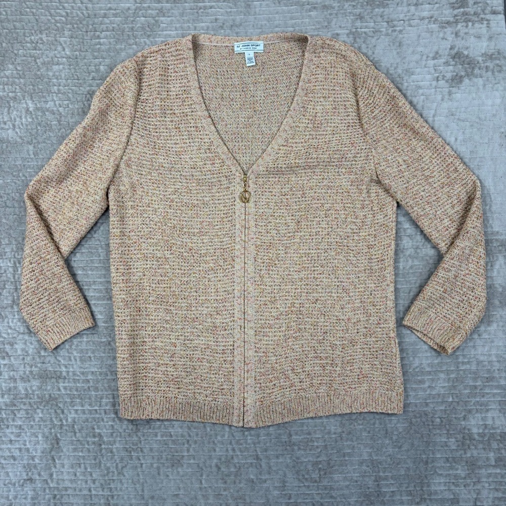 St John Sport Marie Gray Tan Multi Color Zip Front Wool Blend Cardigan Sweater L